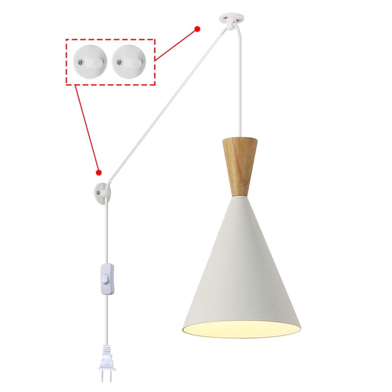 Modern Black/White Pendant Light Fixture with Plug in Cord Wood Metal, Adjustable Chandelier Hanging Lamps for Bedroom