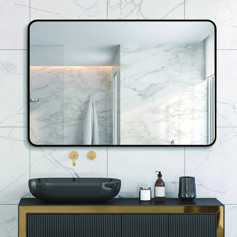 30x40 Inch Metal Framed Rectangular Rectangular Bathrrom Mirror - Black