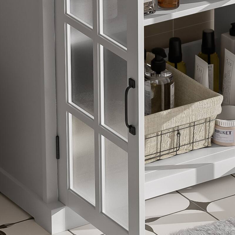 30"Bathroom Vanity with Ceramic Sink, Tempered Blurred Glass and Matte Black Handles, Large Storage Space and Rubber Wood Frame