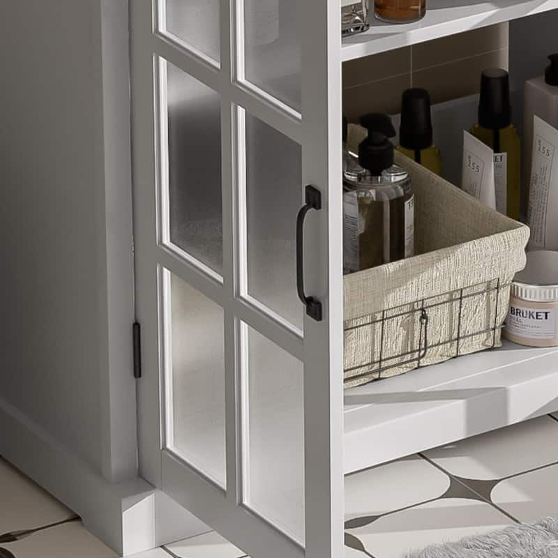Bathroom Vanity with Ceramic Sink, Bathroom Vanity Cabinet with Tempered Blurred Glass and Matte Black Handles