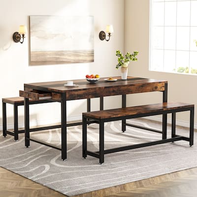 3 Piece Industrial Dining Table Set with Bench and Sided Drawer for Kitchen