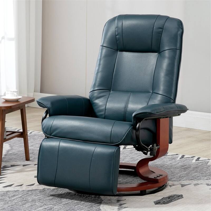 Swivel Leather Manual Recliner with Armrest and Extendable Footrest - Blue