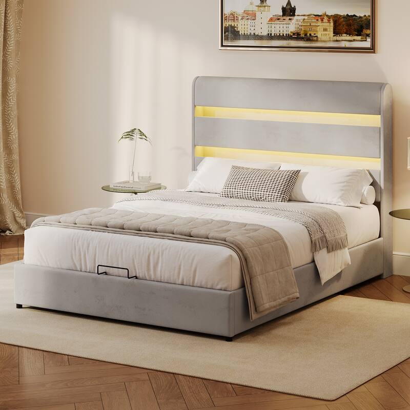 LED Storage Bed with Velvet Upholstery Headboard & Footboard, Grey Full