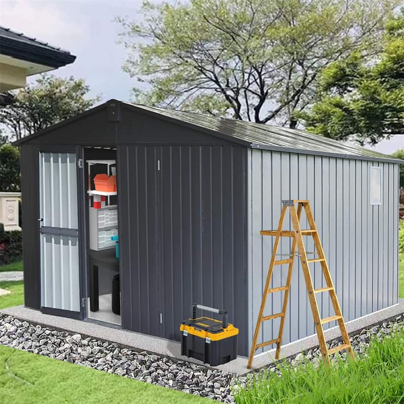 GDFStudio - Summit Galvanized Steel Backyard Storage Shed with Windows and Lockable Door - 11' x 12.5 ft - Dark Gray