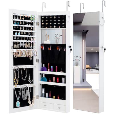 Jewelry Storage Mirror Cabinet With LED Lights, Lock and Built-In Mirror Can Be Hung On The Door Or Wall