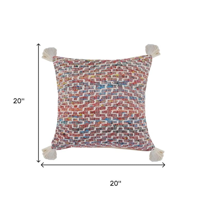 20" Red Blue And Natural Geometric Polyester Blend Throw Pillow Cover with Tassels