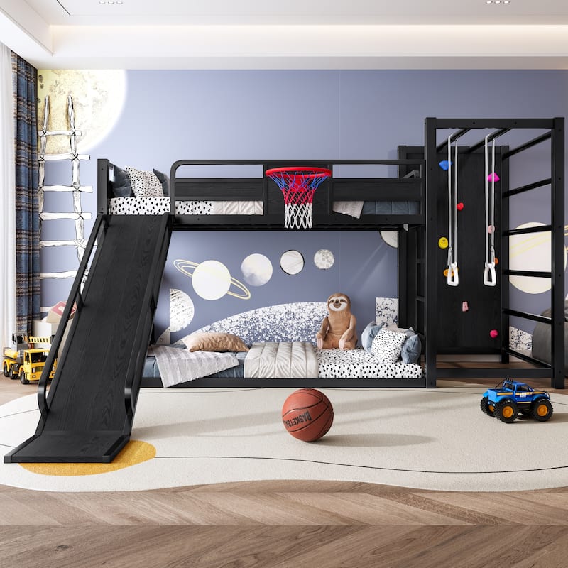 Roomfitters Metal Loft Bed with Slide and Climbing Wall, Gym Bed with Basketball Hoop, Black