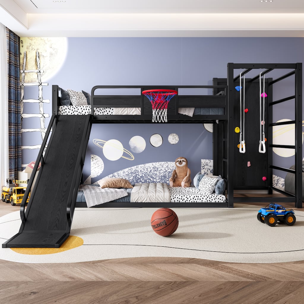 Roomfitters Metal Loft Bed with Slide and Climbing Wall, Gym Bed with Basketball Hoop, Black