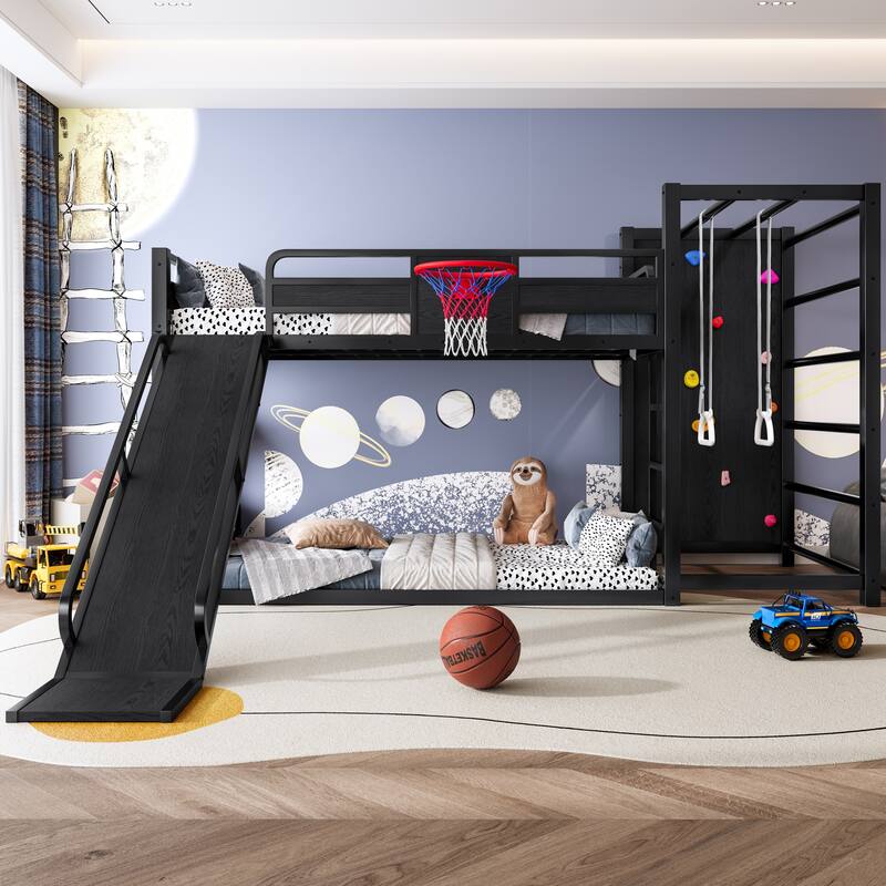 Twin size metal loft/bunk bed with basketball hoop, pull-up rings, climbing wall, and built-in bookshelves - Black