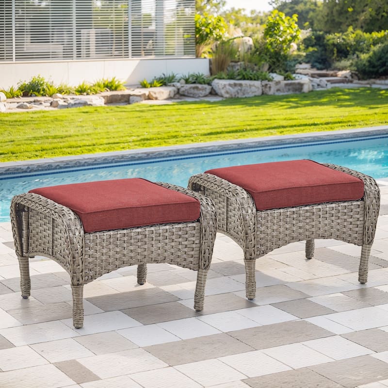 Gymojoy Versatile Outdoor Wicker Ottomans with Soft Cushions - 2-Piece - Grey Wicker / Red Cushion