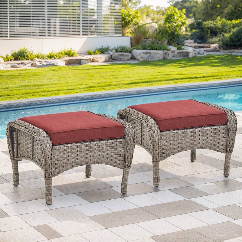 Gymojoy Versatile Outdoor Wicker Ottomans with Soft Cushions - 2-Piece - Grey Wicker / Red Cushion