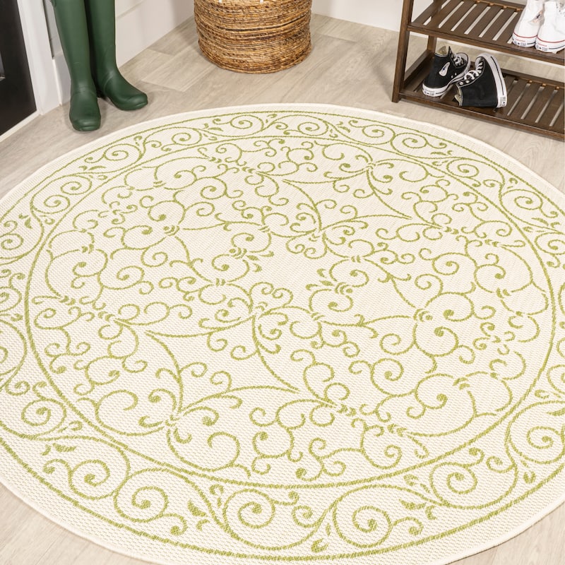 JONATHAN Y Filigree Textured Weave Indoor/Outdoor Area Rug - 5' Round - Cream/Green