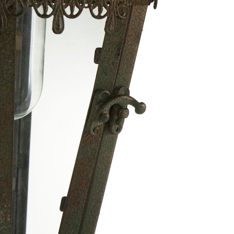Metal Floral Lighthouse Style Decorative Candle Lantern with Ring Handle - Brown - Roche River Decor - 8"W x 8"L x 16"H