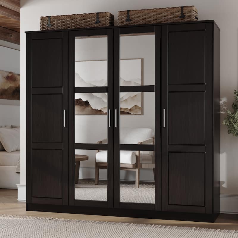 100% Solid Wood Cosmo 4-Door Wardrobe with Solid Wood or Mirrored Doors by Palace Imports