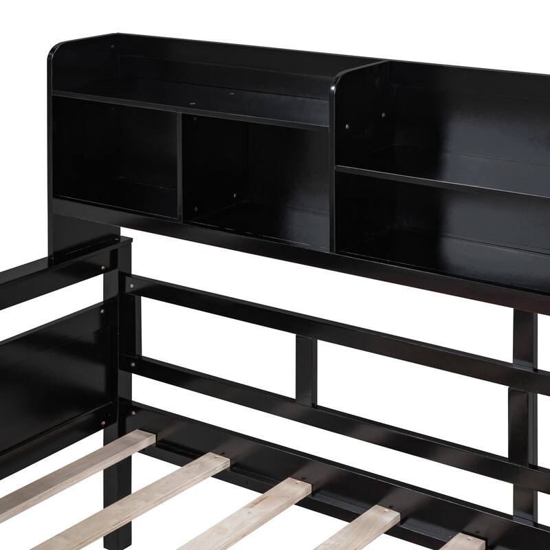 Twin Size Daybed with Wood Slat Support, Bedside Shelves, and Two Drawers in Espresso