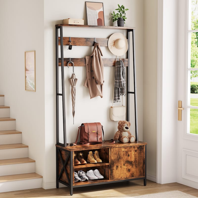 Hall Tree with Bench, Shoe Storage, 6 Hooks & Industrial Style