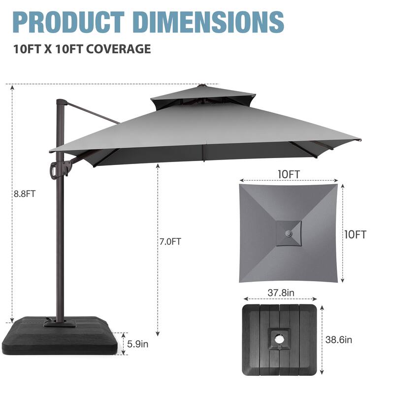 VredHom Double Top 10x10 FT Square Patio Cantilever Umbrella with Weight Base