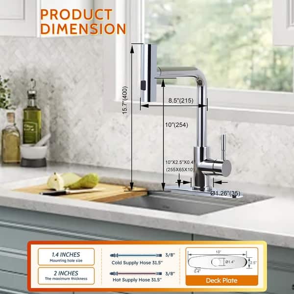 dimension image slide 2 of 10, WOWOW Single Handle Waterfall Pull Down Sprayer Kitchen Faucet