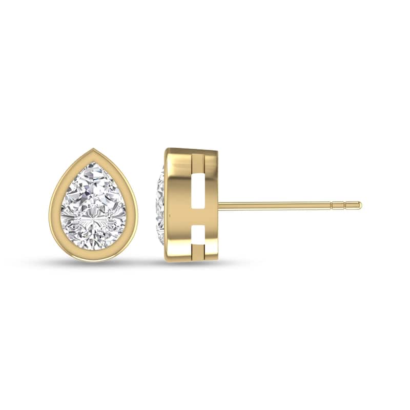 Marquee Lab Grown 3/4 Carat Pear Shaped Bezel Set Solitaire Diamond Earrings in 14K Yellow Gold