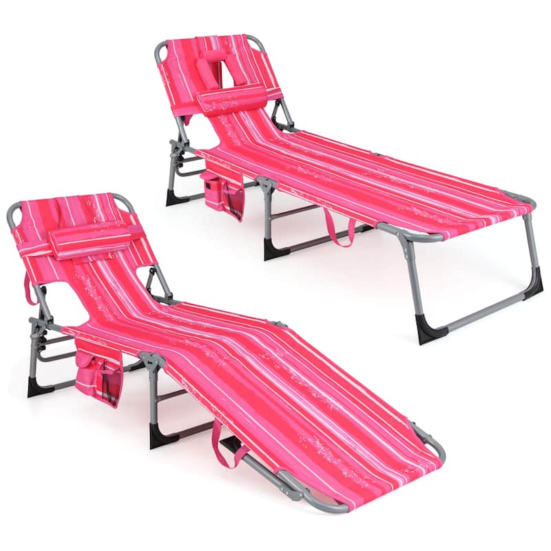 Gymax Set of 2 Patio Beach Lounge Chair Folding Chaise Lounge w/ - Pink