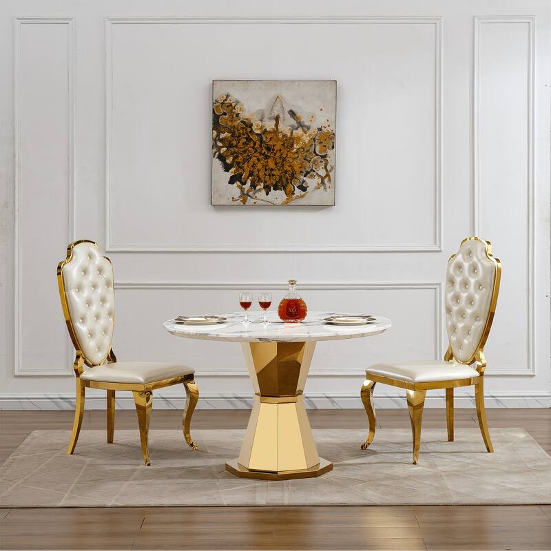 GDFStudio - Jane Series 47" Round Marble Dining Table and Stainless Steel Base for Dining Room, Kitchen