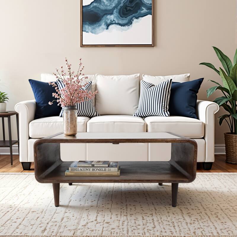 Wood and Travertine Console Table with Open Shelf and Curved Design