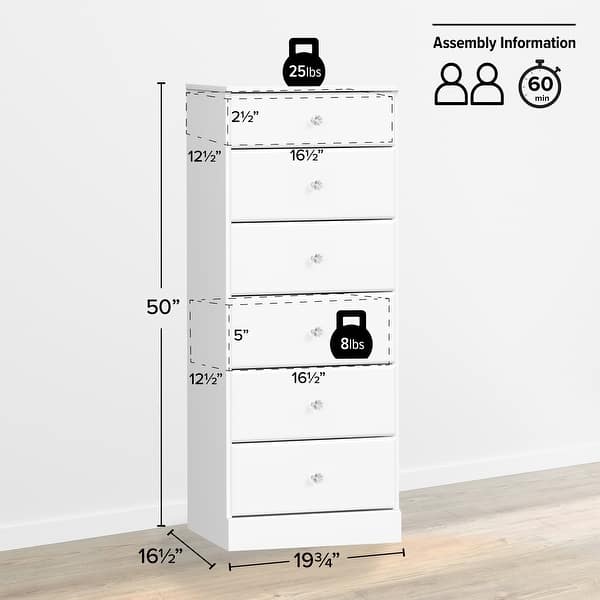 dimension image slide 0 of 4, Prepac Astrid 6 Drawer Dresser for Bedroom, Tall Chest of Drawers, Bedroom Furniture, Clothes Storage and Organizer