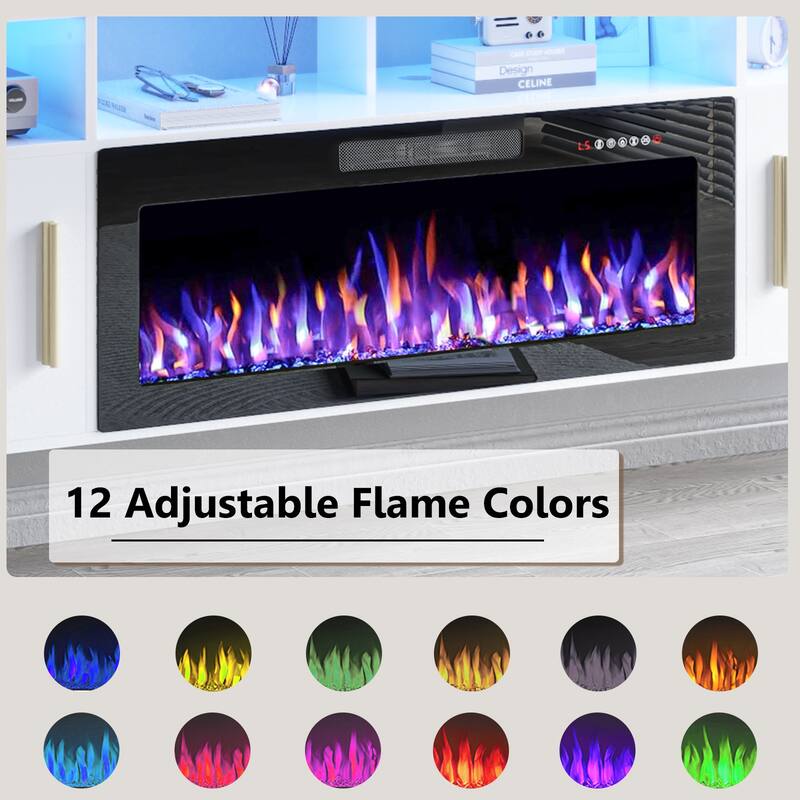 BOSSIN 80" Floating TV Stand with 36" Electric Fireplace, High Gloss Finish Wall Mounted Fireplace TV Stand with Storage