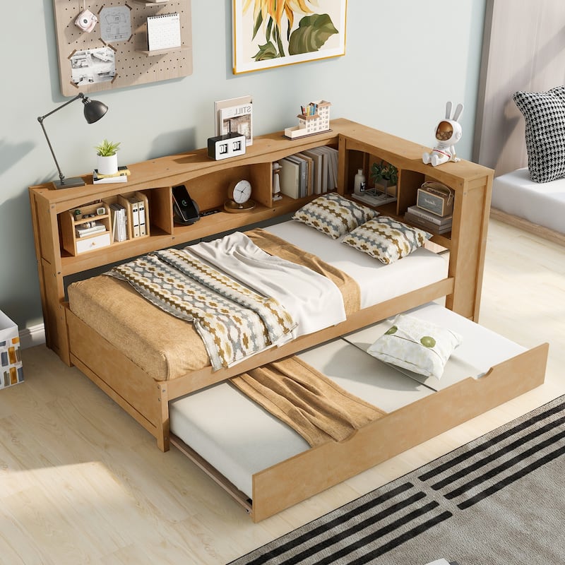 Twin Daybed with 5 Storage Cabinets, USB Ports, and Trundle - Durable Pine Wood Frame - Wood