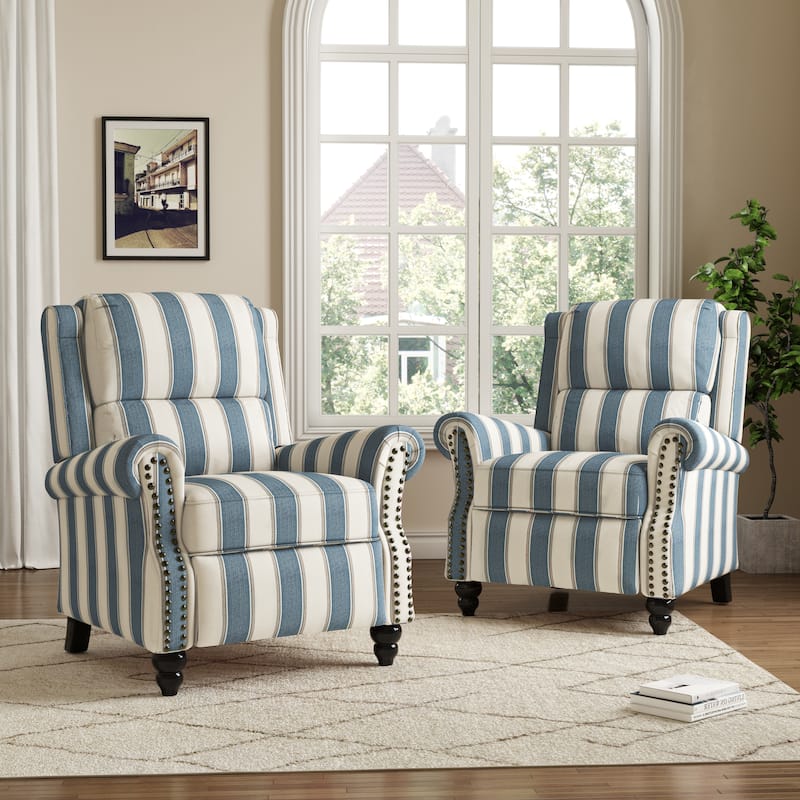 2 Set Manual Pushback Recliner Chair with Nailhead Trim - Stripe Navy