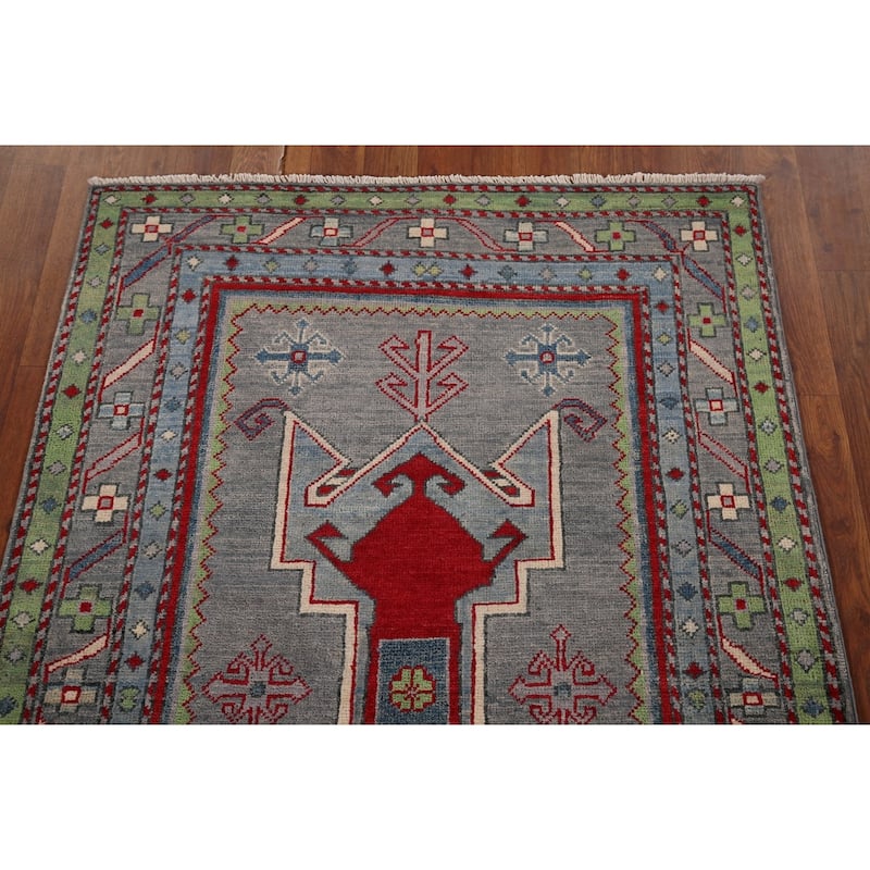 Kazak Accent Rug Hand-Knotted Grey Geometric Wool Carpet - 3'4" x 5'0"