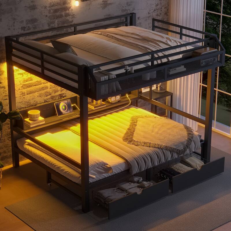 Full over Full Bunk Bed with Storage, USB Ports & LED Lights, Converts to Sofa, Metal Frame