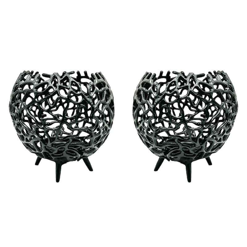Decorative Handmade Aluminum Round Votive Candle holder Set of 2 - Large (8 x 8 x 7.5 in) - Black