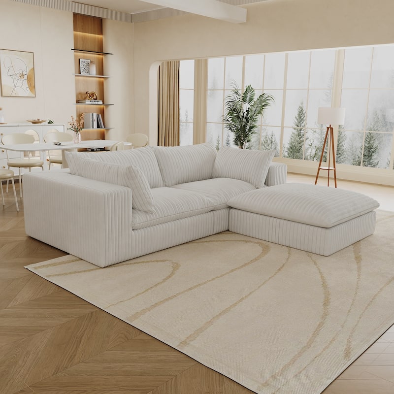 Corduroy Loveseat & Ottoman Set, L-shaped Sectional Sofa with Double-layer Seat Cushions, Modular Chaise Lounger Couch
