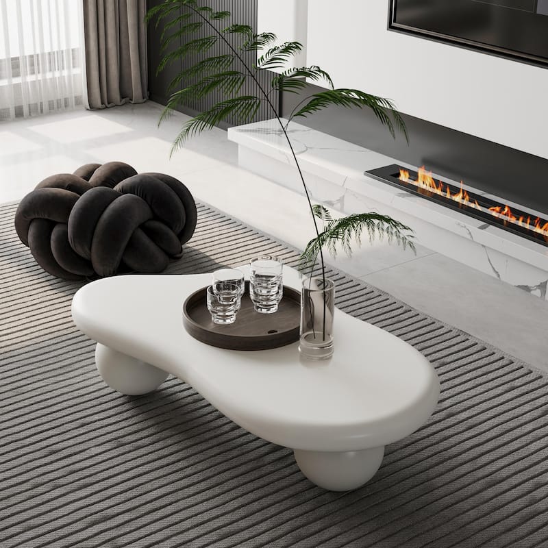 Modern Minimalist Cloud Coffee Table with Wood Legs for Bedrooms, Living Rooms and Lounges - Beige Top+Beige Ball Legs - 47.2"W x 31.5"D x 15.7"H