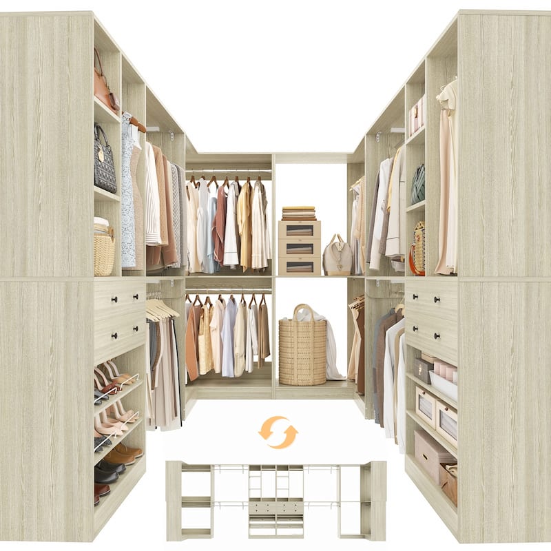 Set of 4 U-Shaped Closet Organizer System with Wood Drawers, Amoire Wardrobe with Shoe Racks