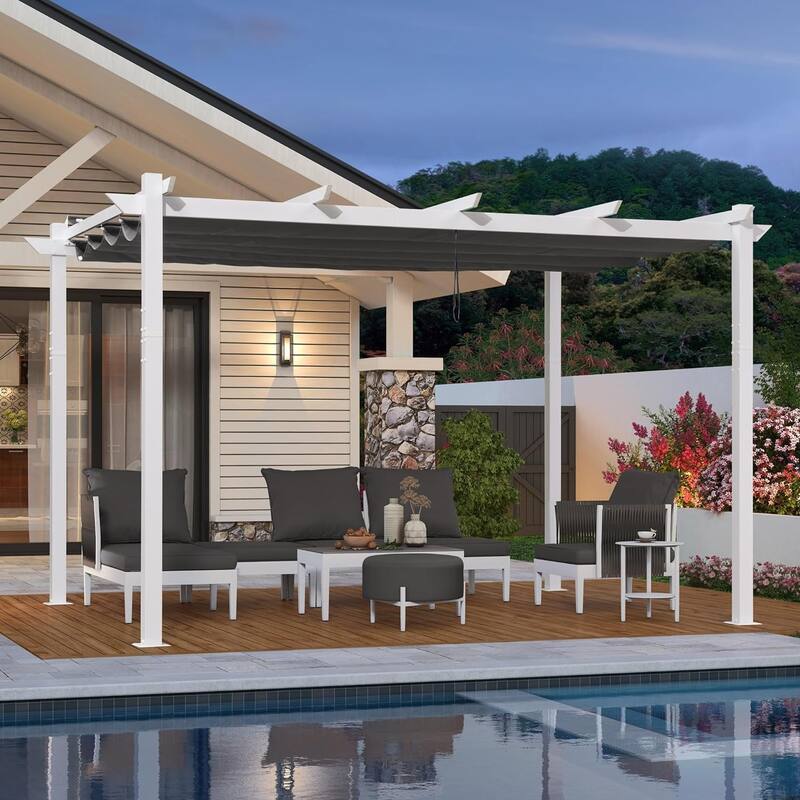 PURPLE LEAF Gazebo Outdoor Retractable White Heavy-Duty Aluminum Pergola with Extra Top Roof