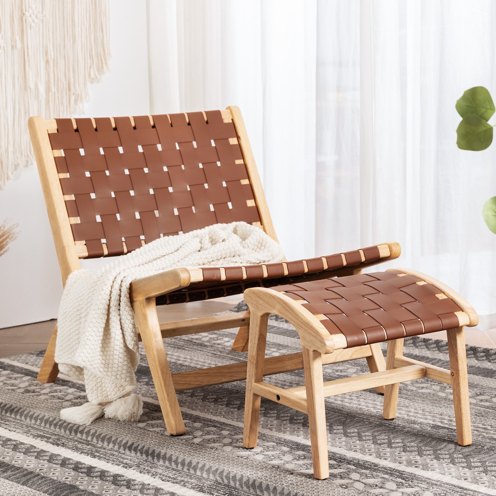 2 Piece Mid century Modern Faux Leather Woven Accent Chair and