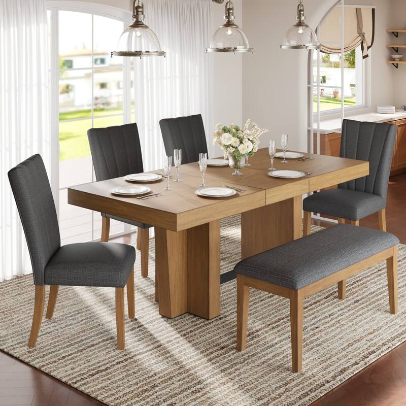 Farmhouse 78.1inch Extendable Wood Dining Table Set for 6, Kitchen Table Set with Bench and 4 Upholstered Chairs - Gray
