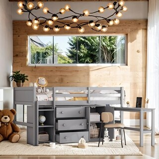 Kids Twin Loft Bed With Pull-Out Desk, Drawers, Cabinet, And Shelves, Space-Saving, Easy Assembly