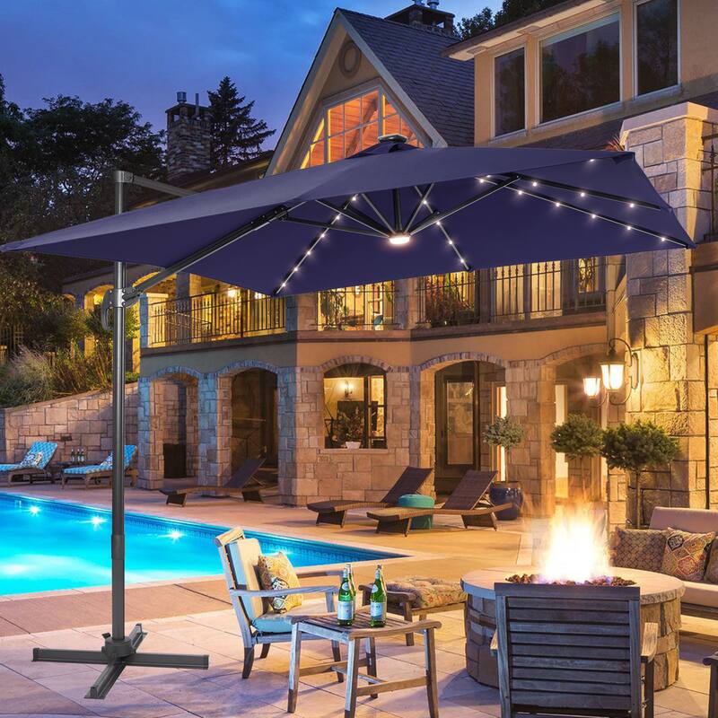 LIVOOSUN Aluminum 10x8FT LED Rectangular Cantilever Patio Umbrella - Navy Blue