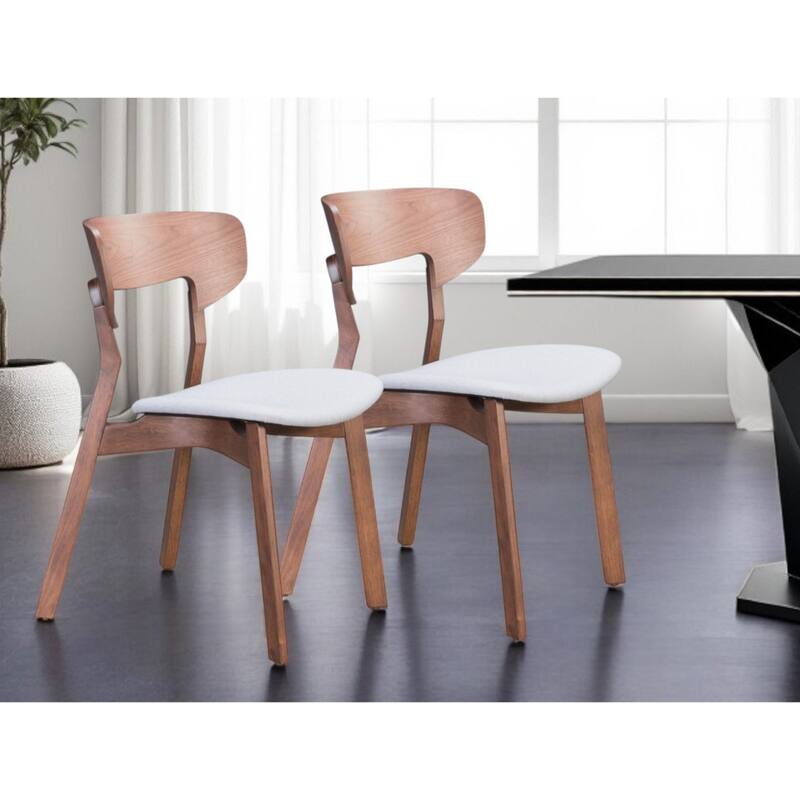 Set of 2 Light Grey Fabric Upholstered Dining Chairs Side with Open Back and Brown Wood Legs - 30.6”H x 20.5”W x 21.3”D