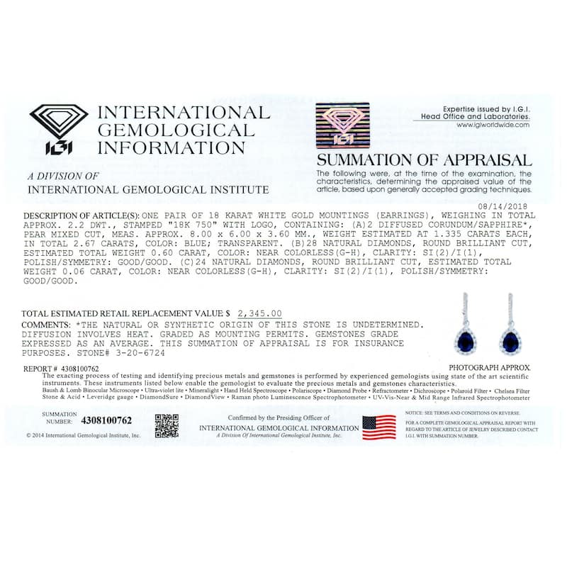 Auriya Fancy Teardrop 2 5/8ct Blue Sapphire and 5/8ct Diamond Halo Dangle Earrings 18k Gold