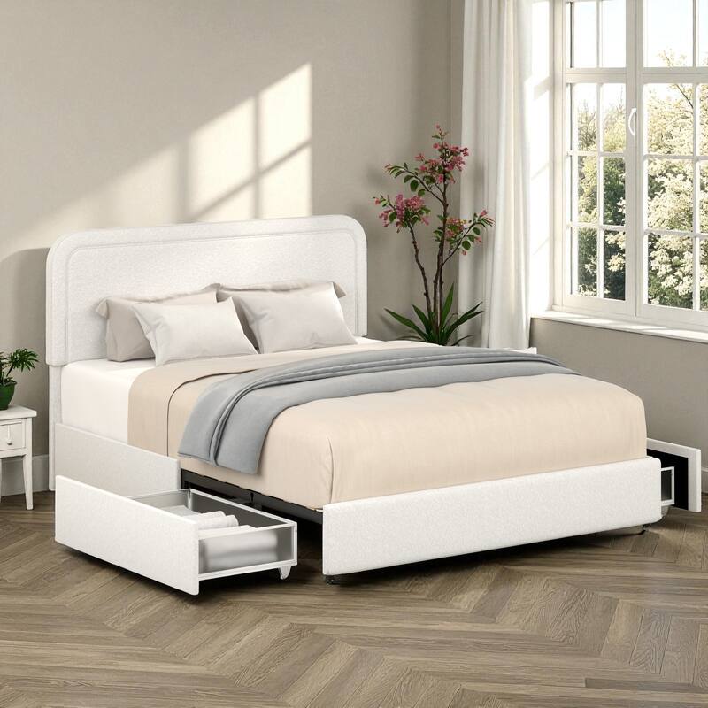 Queen Ivory Boucle Upholstered Platform Bed with 2 Storage Drawers, Curved Stitched Headboard, Wood Slats