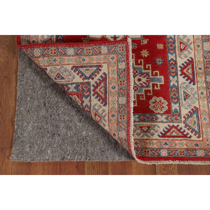 Geometric Red Kazak Oriental Runner Rug Hand-Knotted Wool Carpet - 2'7" x 9'4"