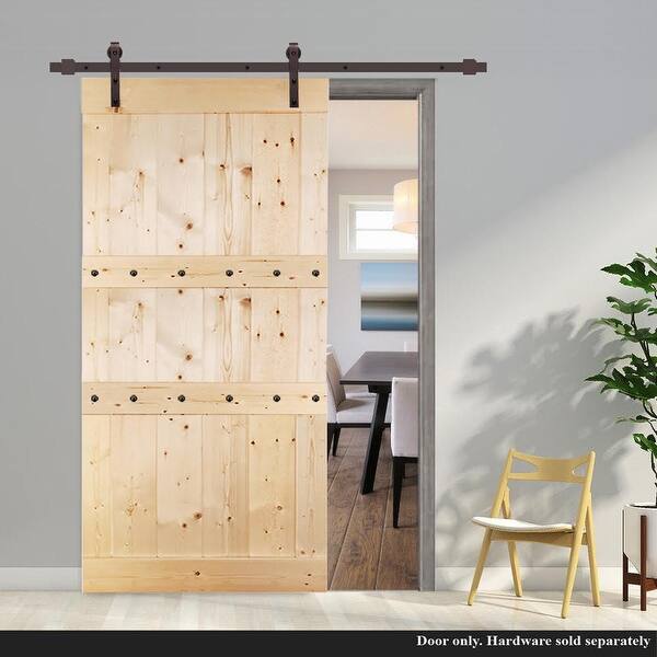 Clavos 42 in. x 84 in. Brown Stained Solid Pine Wood Interior Sliding Barn Door with Sliding Door Hardware Kit Clavos 42 in. x 84 in. Brown Stained Solid Pine Wood Interior Sliding Barn Door with Sliding Door Hardware Kit