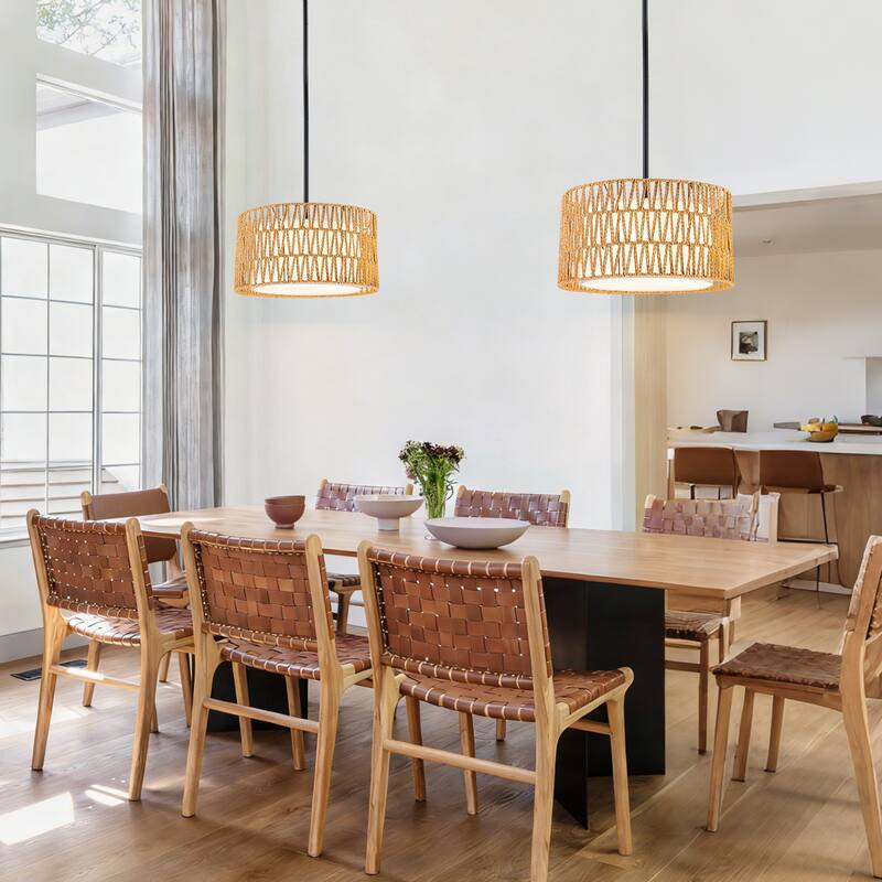 Farmhouse 1-Light Drum Pendant Light with Woven Shades - Black