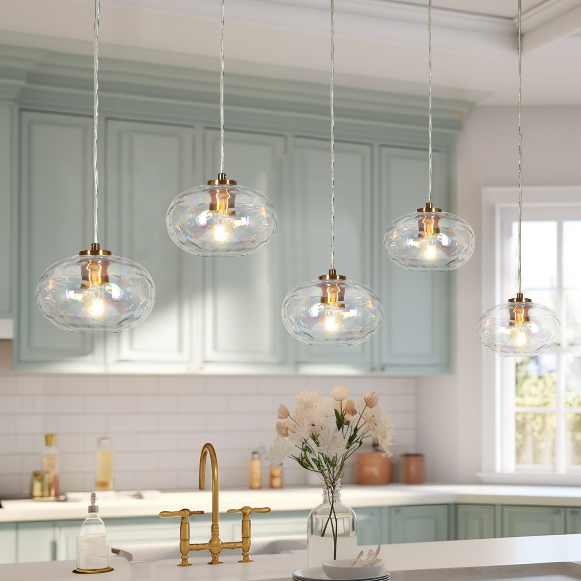 Modern 5-Light Hand-blown Glass Large Chandelier Gold Linear Pendant for Kitchen Island Dining Room - W52.4" x H66" Max