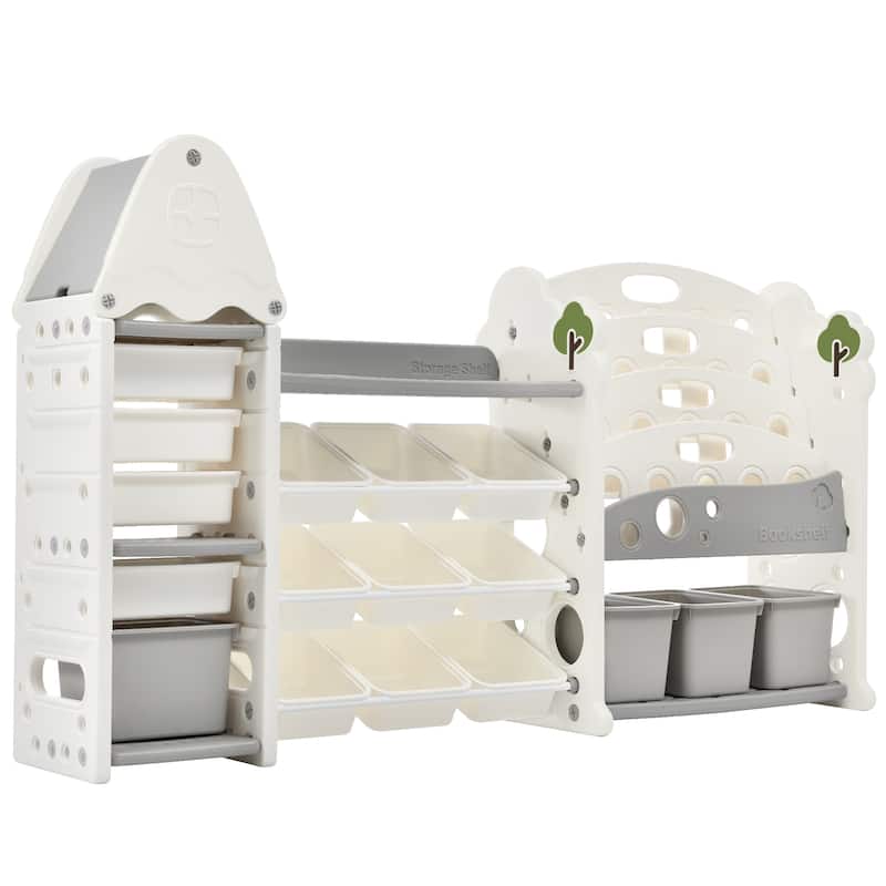 Roomfitters Bookshelf Organizer with 17 Bins and 5 Shelves, Multi Functional Storage Cabinet for Home
