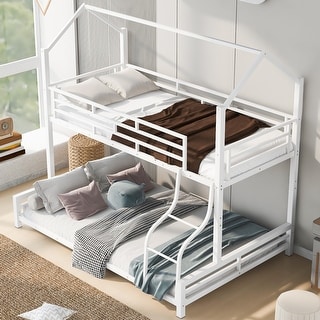 Contemporary Design Metal House Bunk Bed with Roof, Safety and Convenience, Twin over Full, White